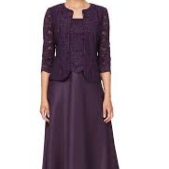 NWT ALEX EVENINGS WOMEN'S 2 PIECE DRESS WITH GLITTER LACE JACKET EGGPLANT 6P - Picture 2 of 12